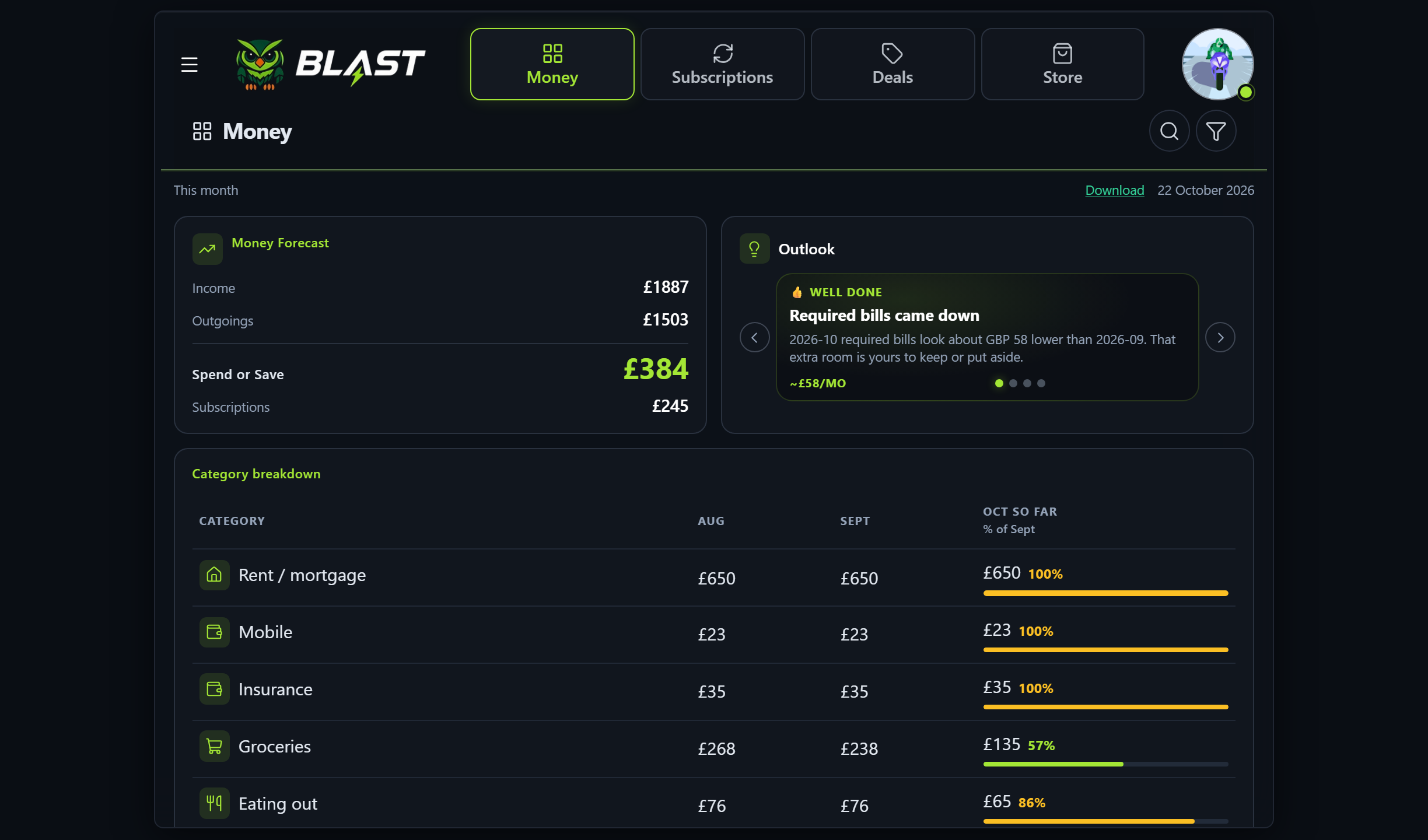 Blast Money on desktop with bank toggles and forecast.
