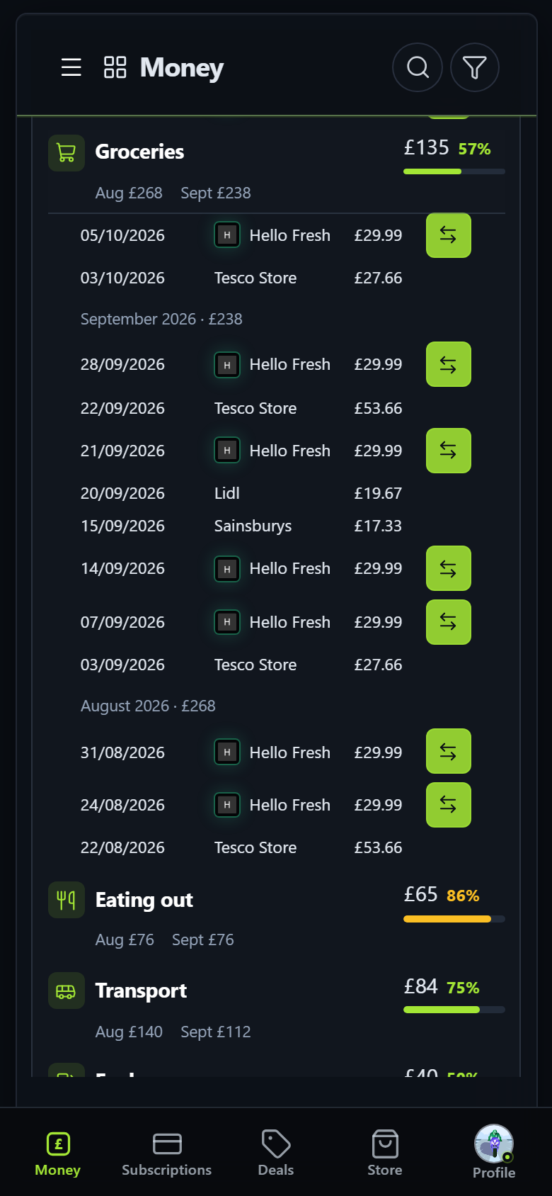 A Money category on a phone, opened to show each payment for October, September and August.