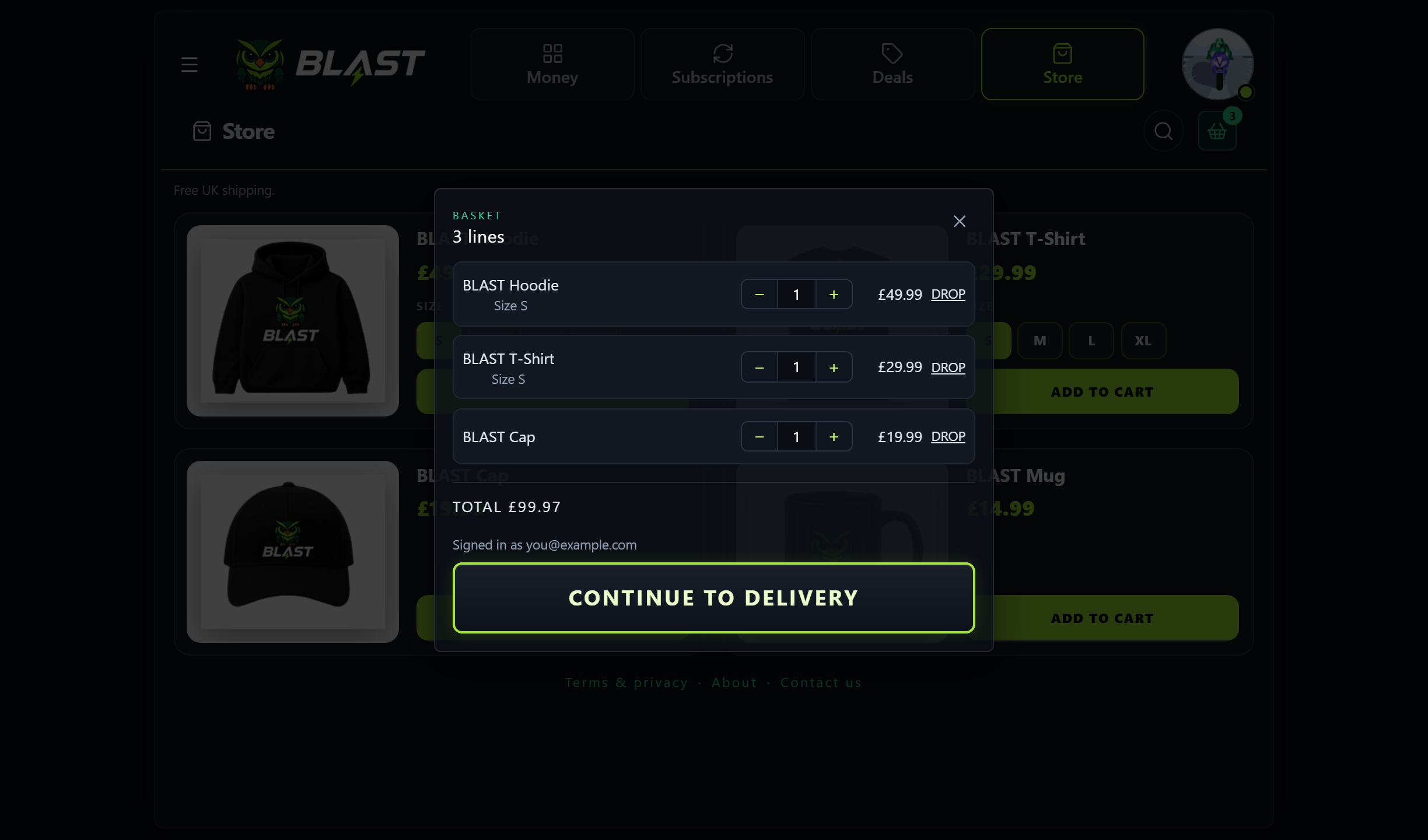 The Blast basket with a hoodie, T-shirt and cap, totalling £99.97.