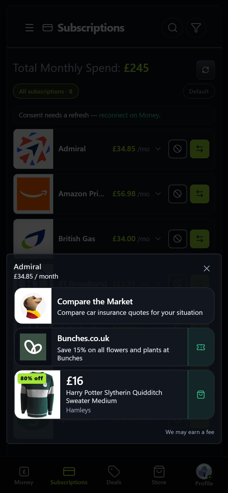 Switch options for car insurance on a phone, with a partner comparison link.