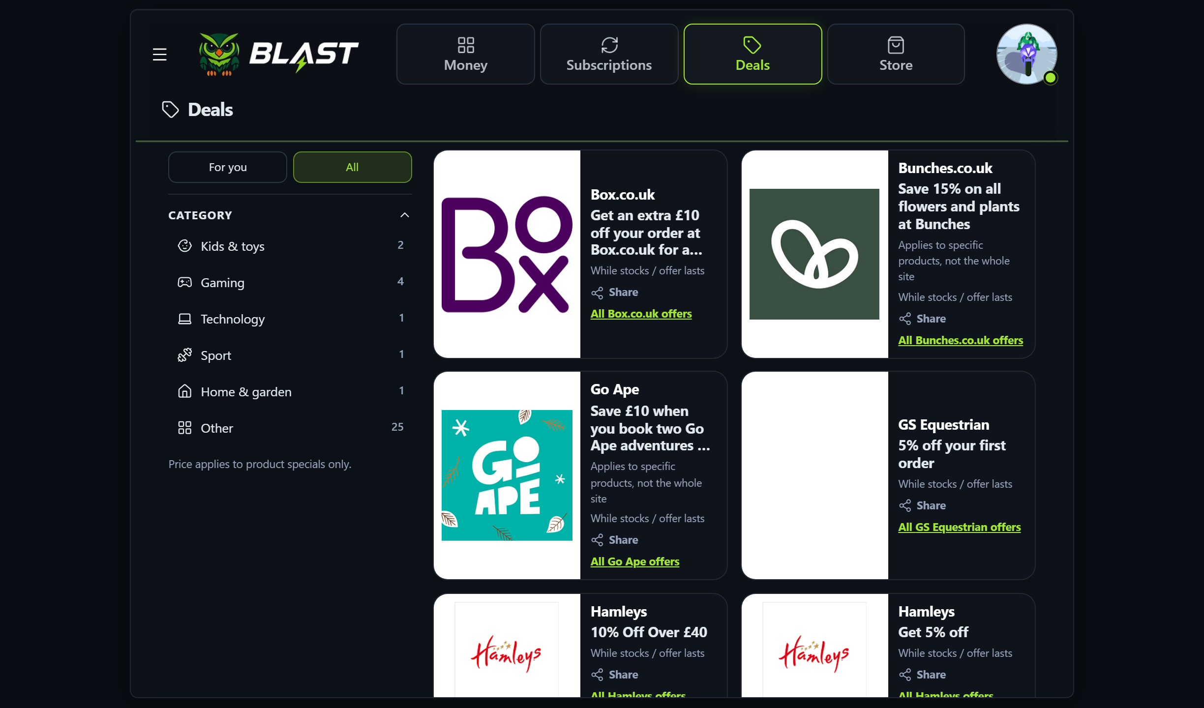 Blast voucher codes on desktop.